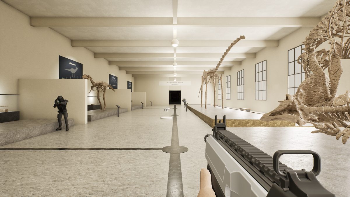 Hall of Saurischian Dinosaurs with an intruder among the skeletons