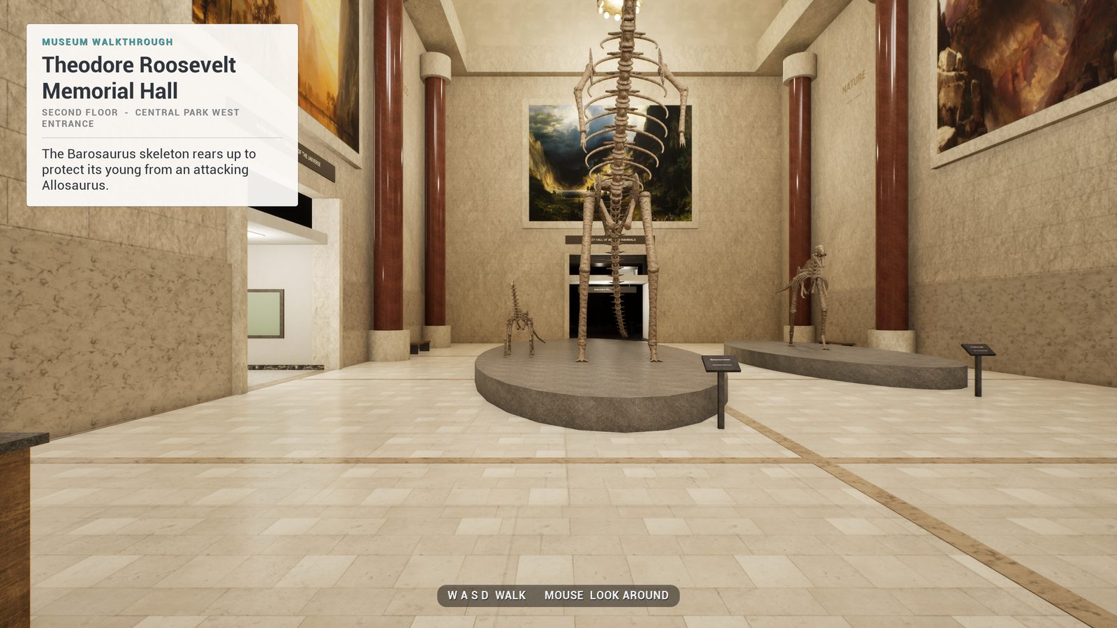 Quick-hide on: no gun, no HUD, just the rotunda and a museum walkthrough card about the Barosaurus
